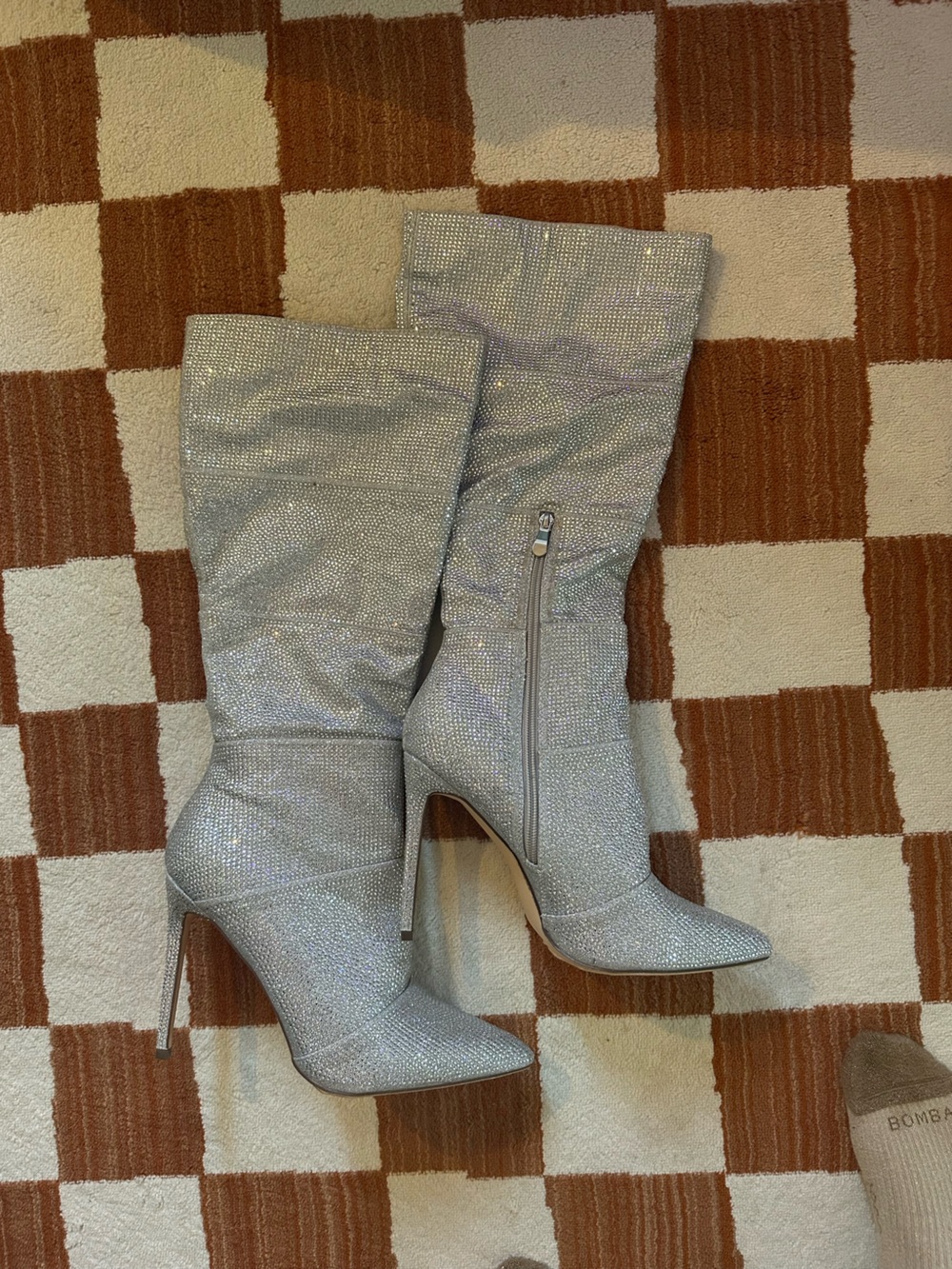My Crush Silver Rhinestone Pointed-Toe Knee-High Boots - Picture 3 of 7